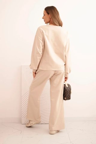 Komplet damski bawełniany z szeroką nogawką i bluzą z długim rękawem beżowy
