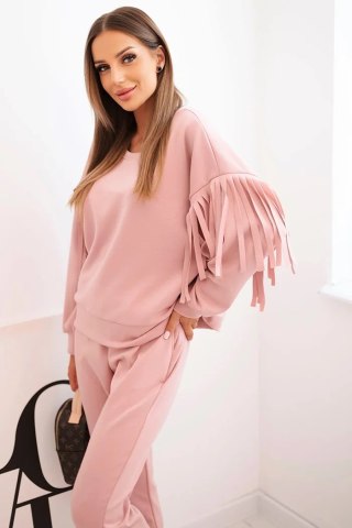 Komplet damski masełkowy z frędzlami na rękawach ciemny pudrowy róż