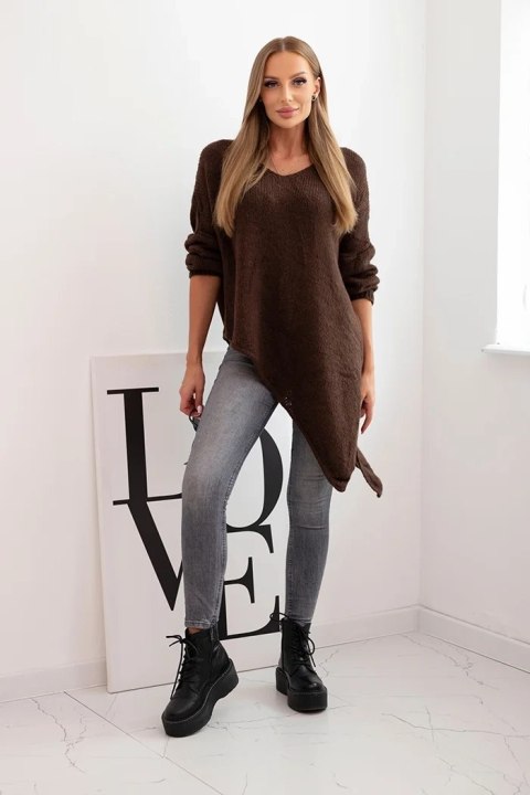 Sweter damski wełniany asymetryczny Plus Size z dekoltem V brązowy
