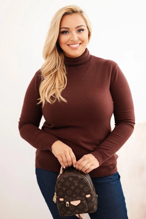 Sweter damski wiskozowy Plus Size z golfem o klasycznym kroju brązowy