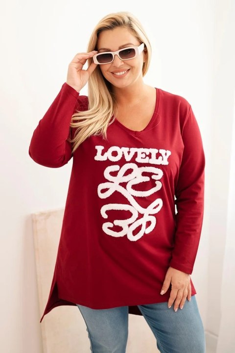 Bluzka damska Plus Size bawełniana z napisem i dekoltem V bordowa