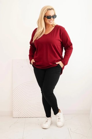 Bluzka damska Plus Size z dekoltem V i długim rękawem bordowa