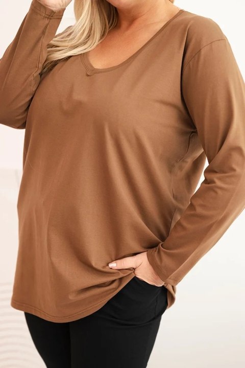 Bluzka damska Plus Size z dekoltem V i długim rękawem brązowa