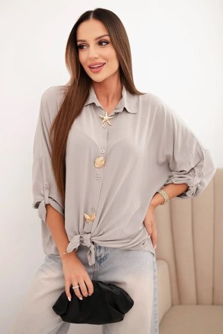 Koszula damska z wiskozą z ozdobnymi guzikami i kołnierzem ciemno beżowa