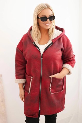 Kurtka damska Plus Size z kapturem i kieszeniami ocieplana barankiem bordowa