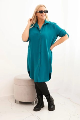 Sukienka damska koszulowa Plus Size z dłuższym tyłem i podwijanym rękawem morska