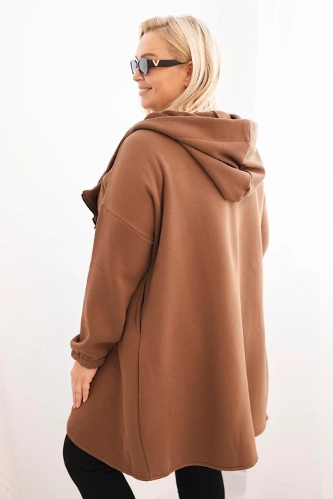 Bluza damska Plus Size ocieplana z kapturem i asymetrycznym zamkiem brązowa