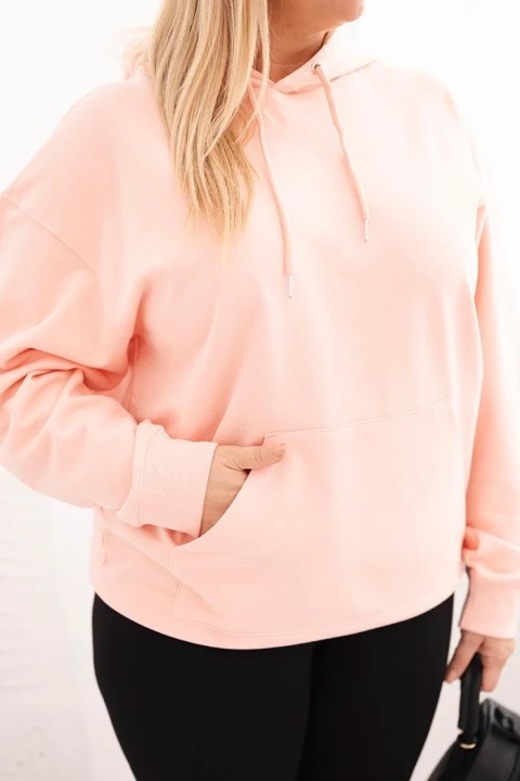 Bluza damska pętelkowa Plus Size bawełniana z kapturem i kieszenią kangurką łososiowa