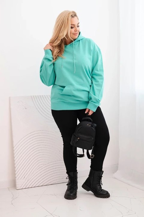 Bluza damska pętelkowa Plus Size bawełniana z kapturem i kieszenią kangurką miętowa