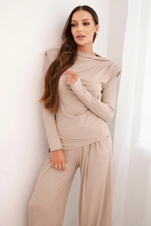 Komplet damski bawełniany z bluzką i spodniami z szeroką nogawką beżowy
