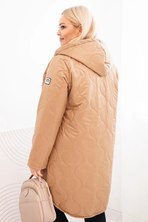 Kurtka damska Plus Size zimowa pikowana z kapturem camelowa