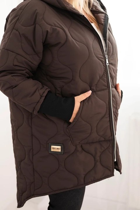 Kurtka damska zimowa Plus Size pikowana z kapturem brązowa