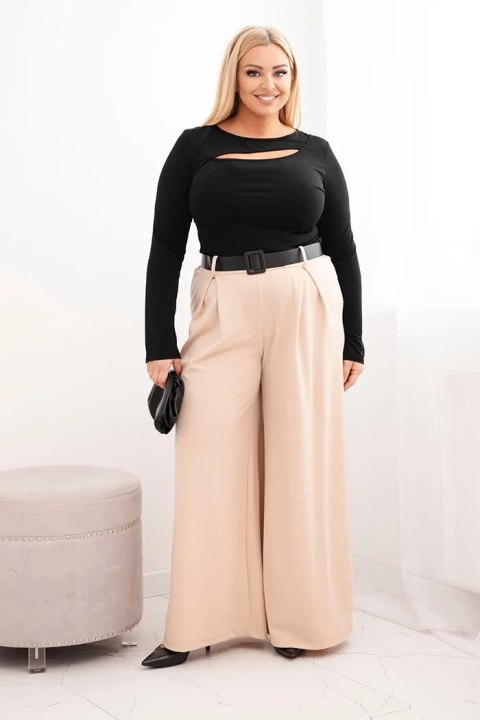 Spodnie damskie Plus Size z szeroką nogawką i paskiem beżowe