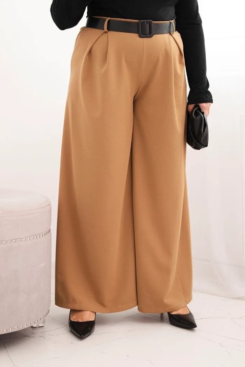 Spodnie damskie Plus Size z szeroką nogawką i paskiem camelowe