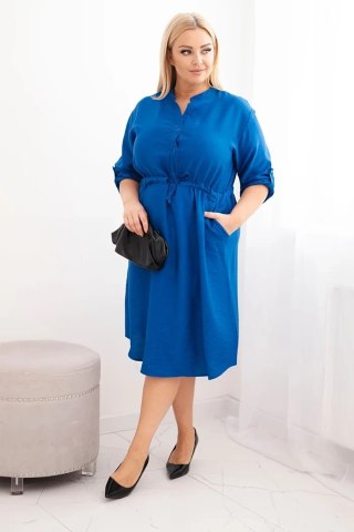 Sukienka damska z wiskozy Plus Size z guzikami i wiązaniem w talii chabrowa