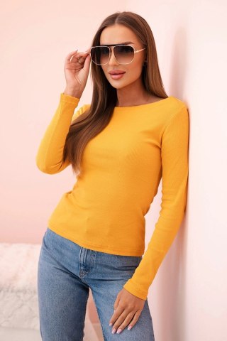 Bluzka damska bawełniana z długim rękawem i dekoltem łódką musztardowa