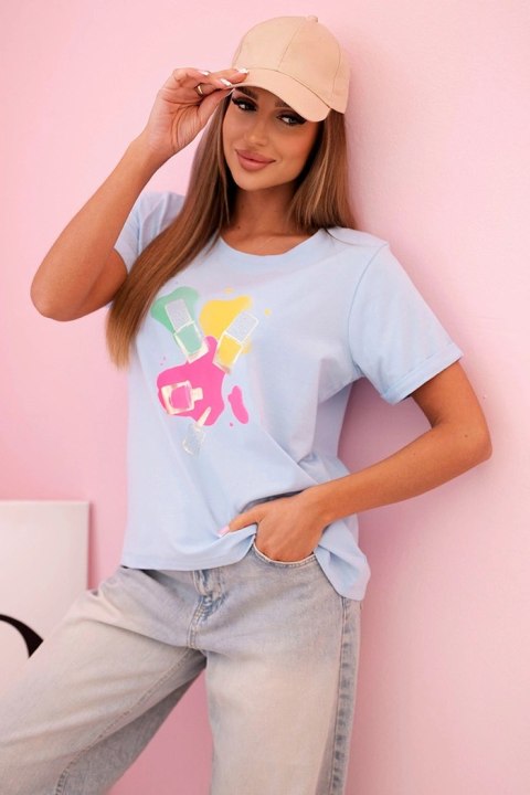 Bluzka damska bawełniana z krótkim rękawem i kolorowym nadrukiem niebieska