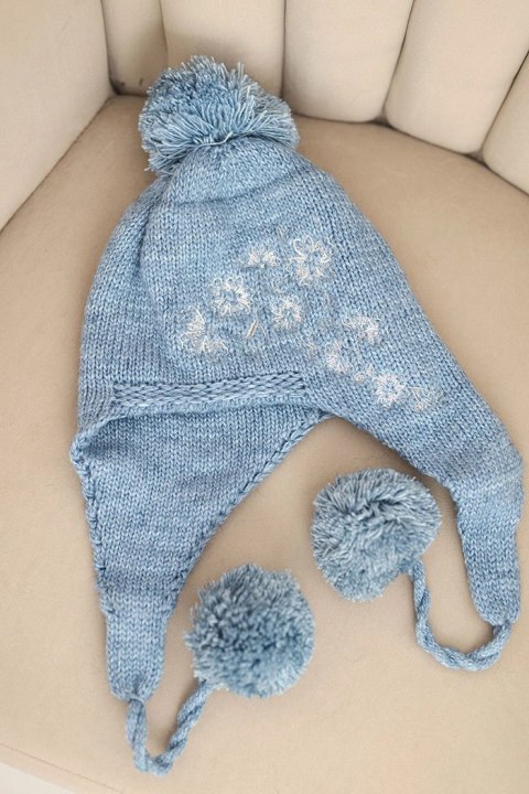 Czapka damska zimowa uszatka z pomponami K431 turkusowa