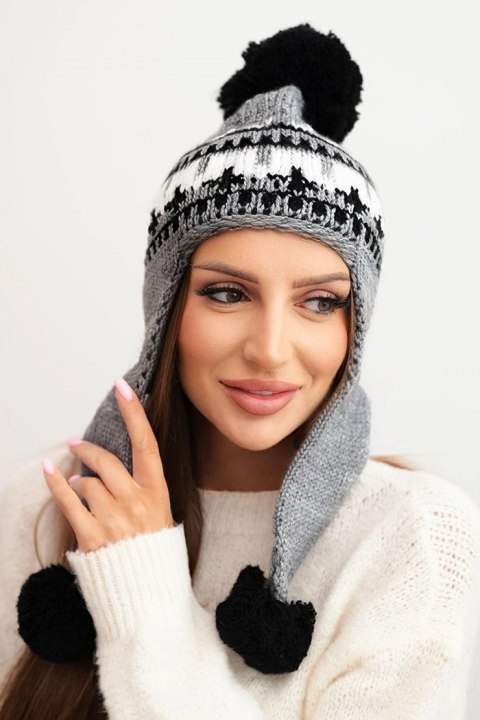 Czapka damska zimowa wełniana z nausznikami i pomponami K436 ciemno szara