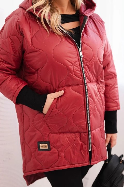 Kurtka damska zimowa Plus Size pikowana z kapturem bordowa