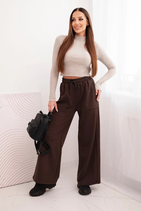 Spodnie damskie bawełniane z szeroką nogawką i kieszeniami brązowe