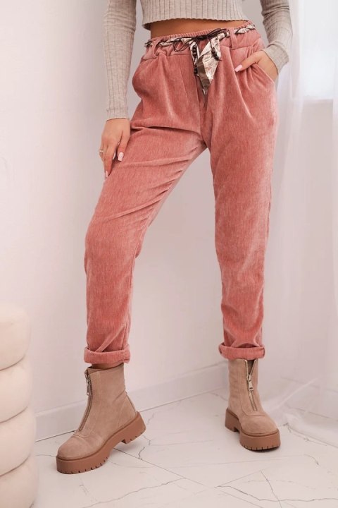 Spodnie damskie z wiskozy z apaszkowym paskiem ciemno różowe