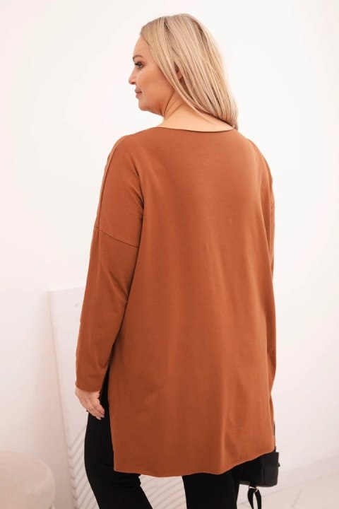 Bluzka damska Plus Size asymetryczna z długim rękawem ciemno camelowa