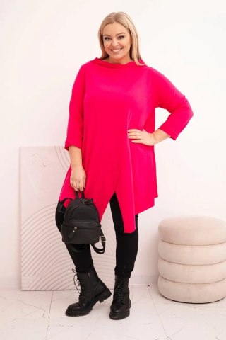 Bluzka damska bawełniana Plus Size asymetryczna z podwijanym rękawem fuksja