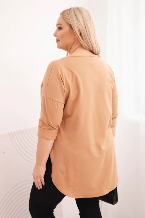 Bluzka damska bawełniana Plus Size z dekoltem V i podwijanym rękawem camelowa