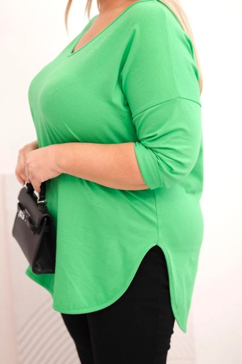 Bluzka damska bawełniana Plus Size z dekoltem V i podwijanym rękawem jasno zielona