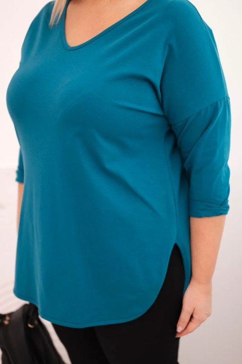 Bluzka damska bawełniana Plus Size z dekoltem V i podwijanym rękawem morska