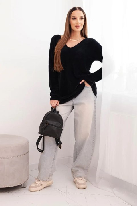 Damski sweter z wełną z dekoltem V czarny