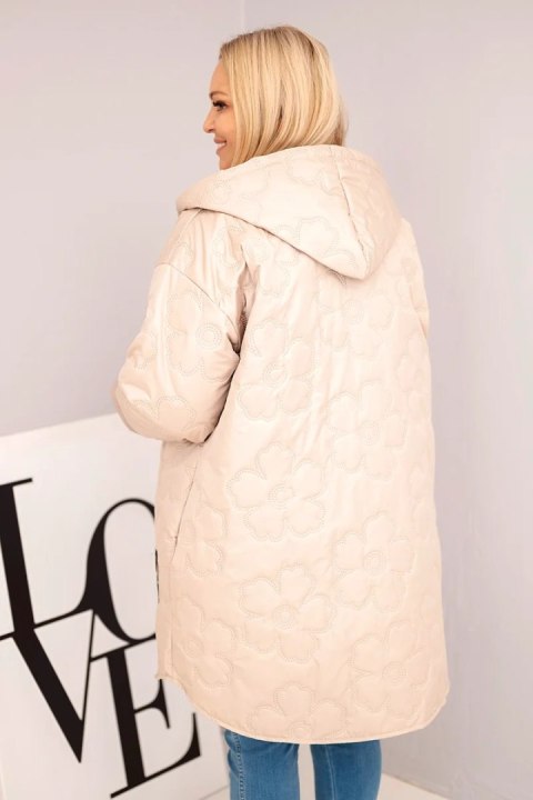 Kurtka damska Plus Size pikowana z kapturem i napisem HOPE ciemno beżowa