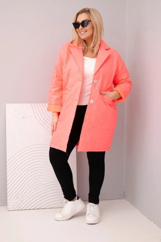 Kurtka damska Plus Size pikowana z ozdobnymi guzikami i kołnierzem różowy neon