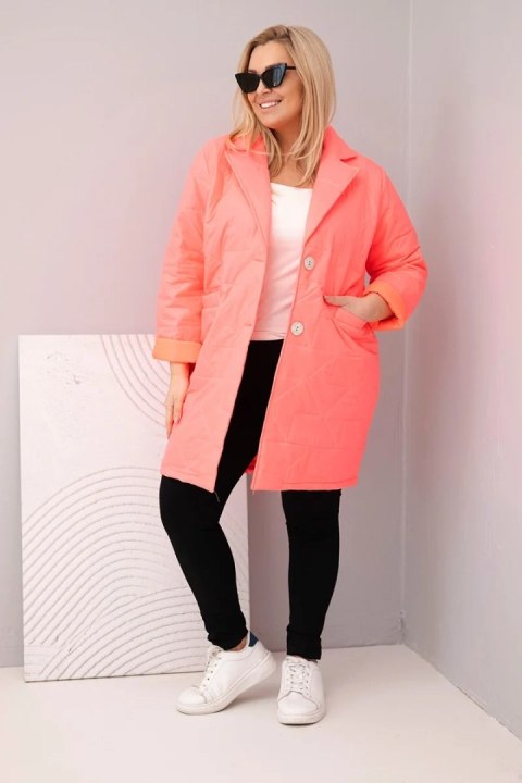 Kurtka damska Plus Size pikowana z ozdobnymi guzikami i kołnierzem różowy neon