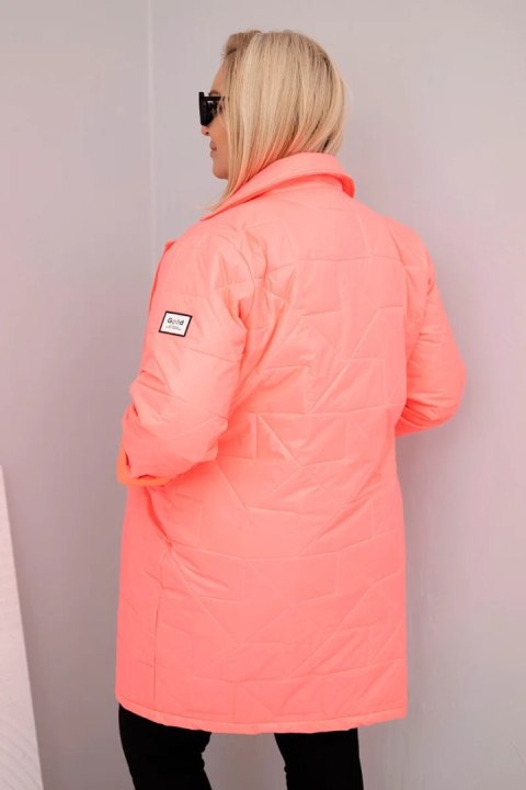 Kurtka damska Plus Size pikowana z ozdobnymi guzikami i kołnierzem różowy neon