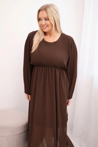 Sukienka plisowana damska Plus Size z wiskozy i z długim rękawem brązowa