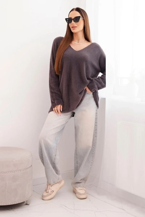 Sweter damski brązowy z wełną z dekoltem V