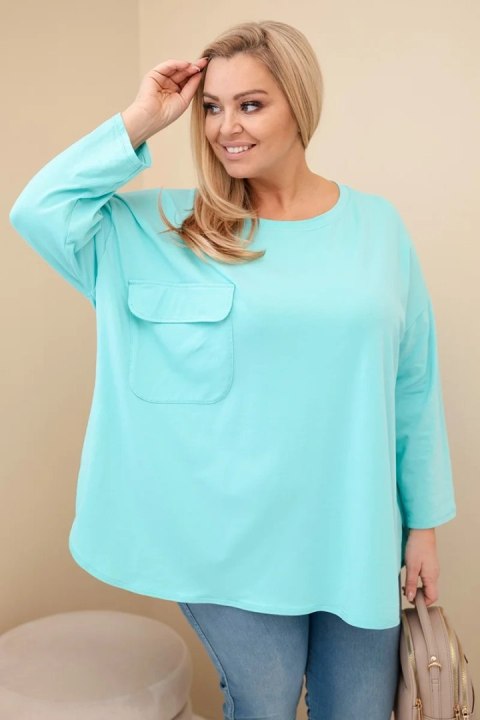 Bluzka damska Plus Size z bawełną z kieszenią i rękawem podwijanym miętowa