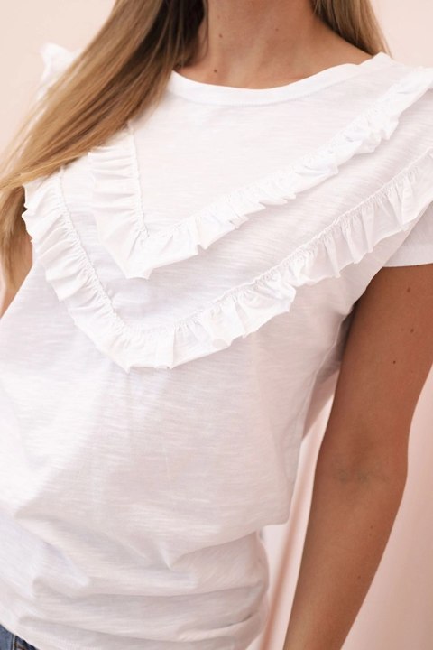 Bluzka damska bawełniana z falbanami na przodzie i rękawkach biała