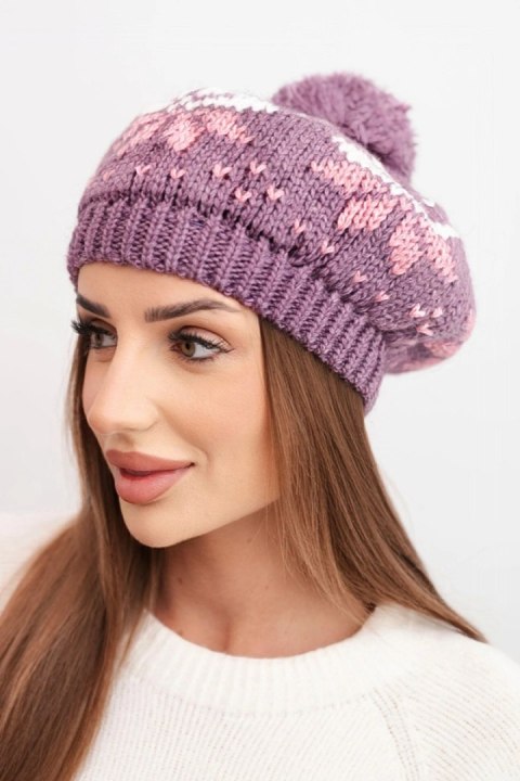 Czapka damska zimowa wełniana z motywem śnieżynek i pomponem K457 jasno fioletowa