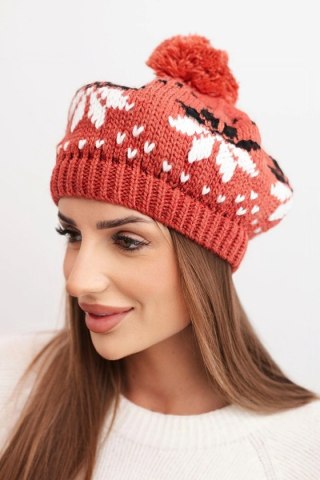 Czapka damska zimowa wełniana z motywem śnieżynek i pomponem K457 ruda