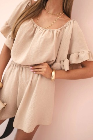 Kombinezon damski hiszpanka z falbankami i gumką w talii beżowy