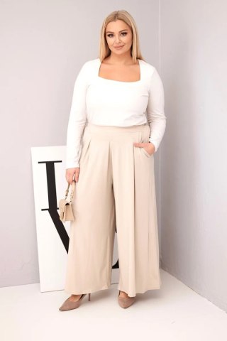 Spodnie damskie bawełniane Plus Size o szerokiej nogawce i luźnym kroju beżowe