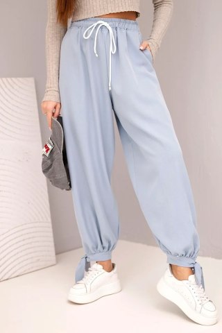 Spodnie damskie z szeroką nogawką i wiązaniem u dołu jeansowe