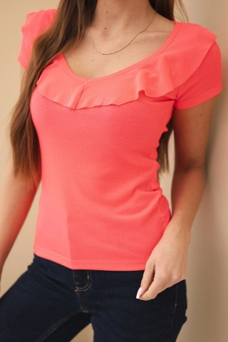 Bluzka damska prążkowana z falbanką przy dekolcie różowy neon