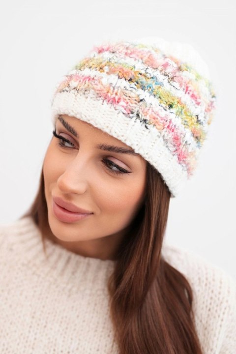 Czapka damska zimowa z kolorową przędzą i elastycznym ściągaczem K352 biały+zielony+różowy neon