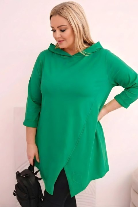 Bluzka damska bawełniana Plus Size asymetryczna z podwijanym rękawem zielona