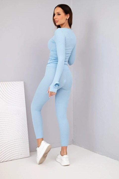 Komplet damska z prążkowanej wiskozy z długim rękawem i legginsami niebieski