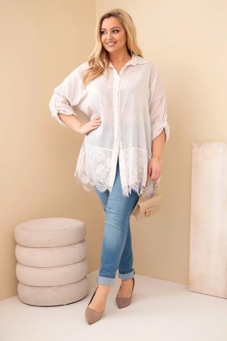 Koszula damska Plus Size bawełniana przecierana z koronkowym wykończeniem beżowa